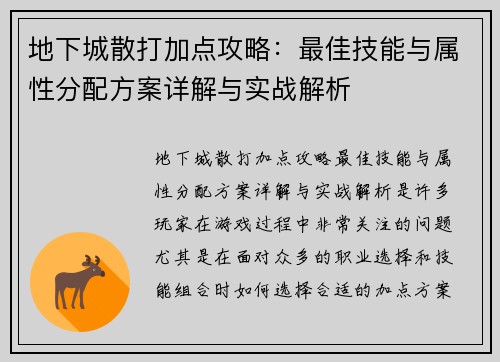 地下城散打加点攻略：最佳技能与属性分配方案详解与实战解析